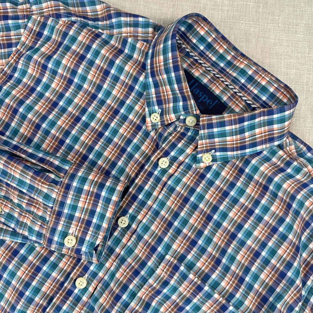 Haspel Button Down Shirt Mens Medium Blue Green Plaid Long Sleeve Made in Italy